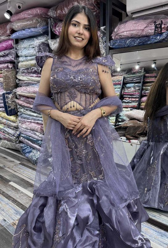 Embellished Corset Fish Cut Lehenga with Designer Cape Blouse & Ruffle Detailing