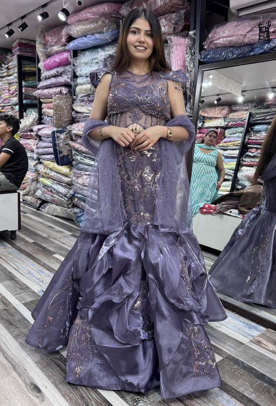 Embellished Corset Fish Cut Lehenga with Designer Cape Blouse & Ruffle Detailing
