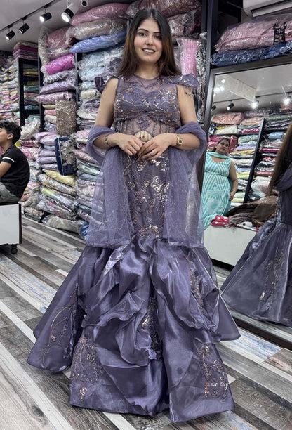 Embellished Corset Fish Cut Lehenga with Designer Cape Blouse & Ruffle Detailing