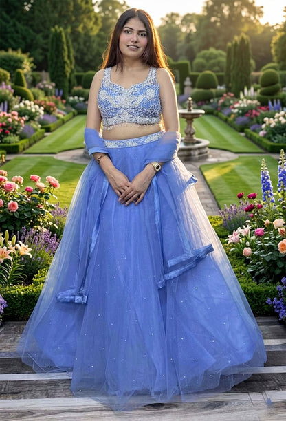 Hand-Embellished Blouse with Barbie-Inspired Net Lehenga & Elegant Dupatta
