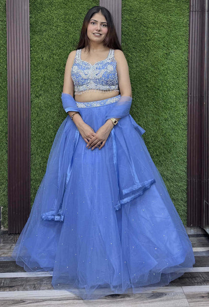 Hand-Embellished Blouse with Barbie-Inspired Net Lehenga & Elegant Dupatta
