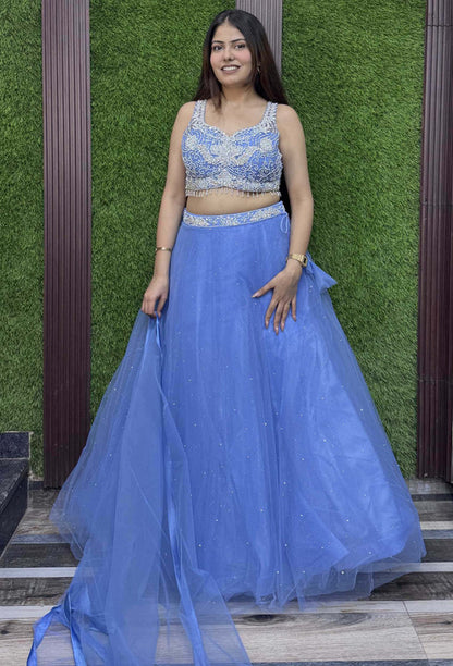 Hand-Embellished Blouse with Barbie-Inspired Net Lehenga & Elegant Dupatta