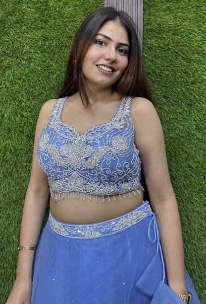 Hand-Embellished Blouse with Barbie-Inspired Net Lehenga & Elegant Dupatta