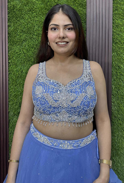 Hand-Embellished Blouse with Barbie-Inspired Net Lehenga & Elegant Dupatta