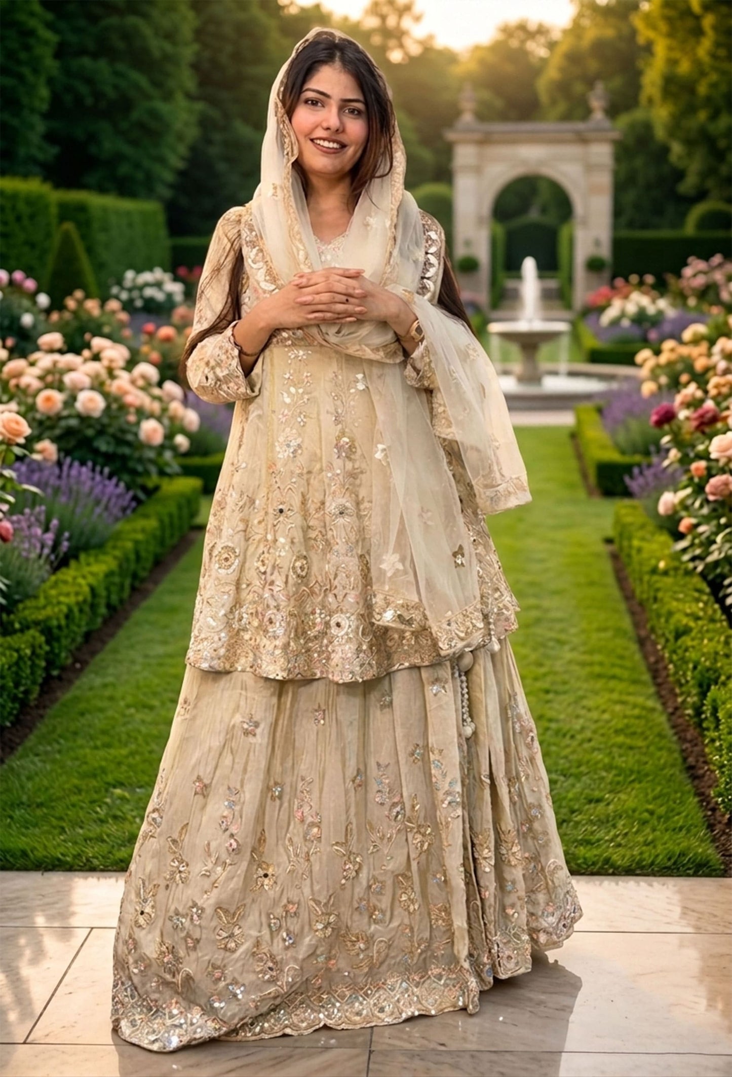 Full Sleeve Peplum Indo-Western Lehenga with Multi-Embroidery & Heavy Ecru Dupatta