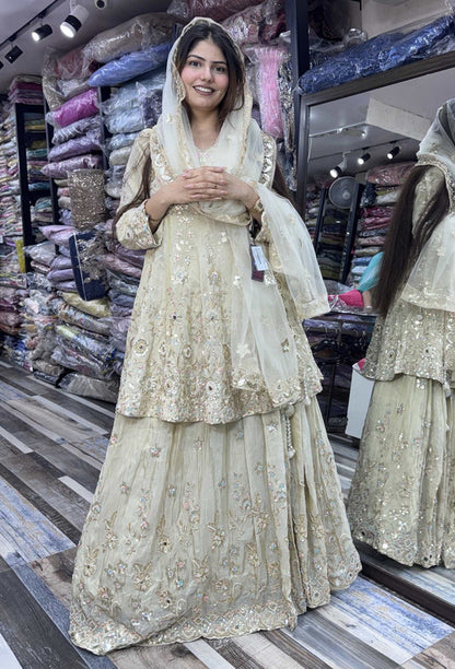 Full Sleeve Peplum Indo-Western Lehenga with Multi-Embroidery & Heavy Ecru Dupatta