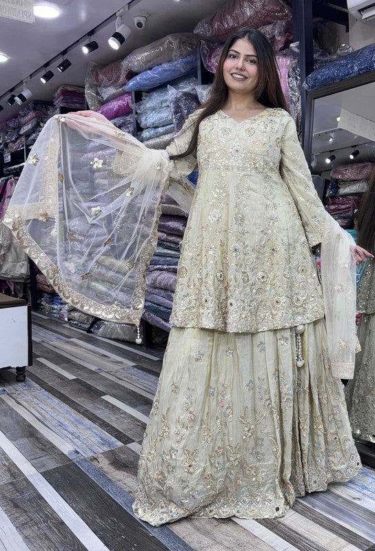 Full Sleeve Peplum Indo-Western Lehenga with Multi-Embroidery & Heavy Ecru Dupatta