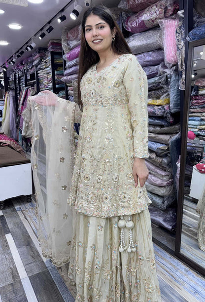 Full Sleeve Peplum Indo-Western Lehenga with Multi-Embroidery & Heavy Ecru Dupatta