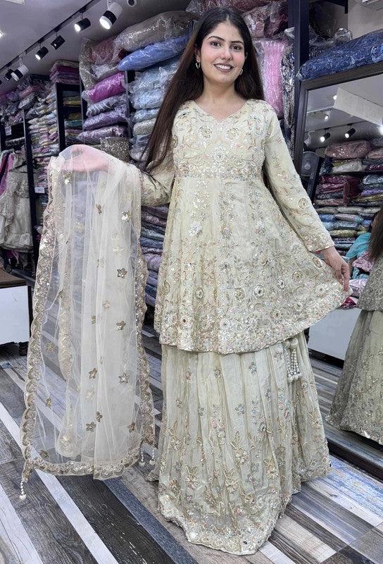 Full Sleeve Peplum Indo-Western Lehenga with Multi-Embroidery & Heavy Ecru Dupatta