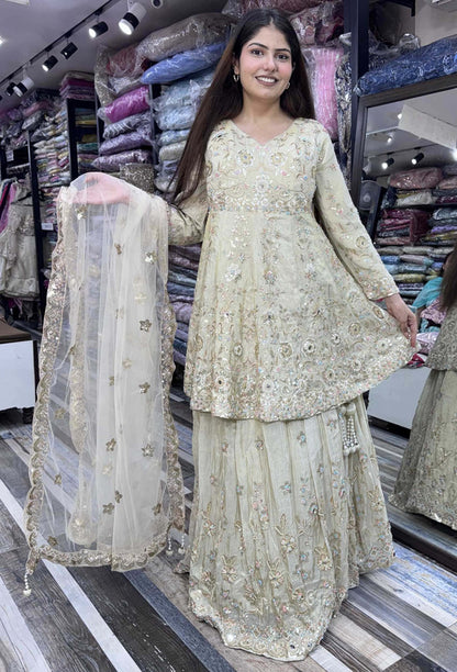 Full Sleeve Peplum Indo-Western Lehenga with Multi-Embroidery & Heavy Ecru Dupatta