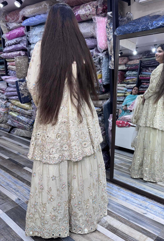 Full Sleeve Peplum Indo-Western Lehenga with Multi-Embroidery & Heavy Ecru Dupatta