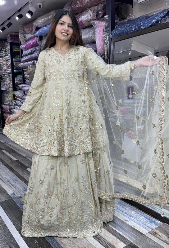 Full Sleeve Peplum Indo-Western Lehenga with Multi-Embroidery & Heavy Ecru Dupatta