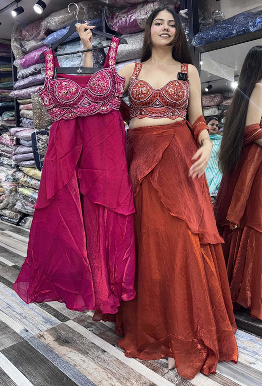 Handworked Lehenga Choli with Girlish Blouse & Wrap-Around Organza Skirt Set