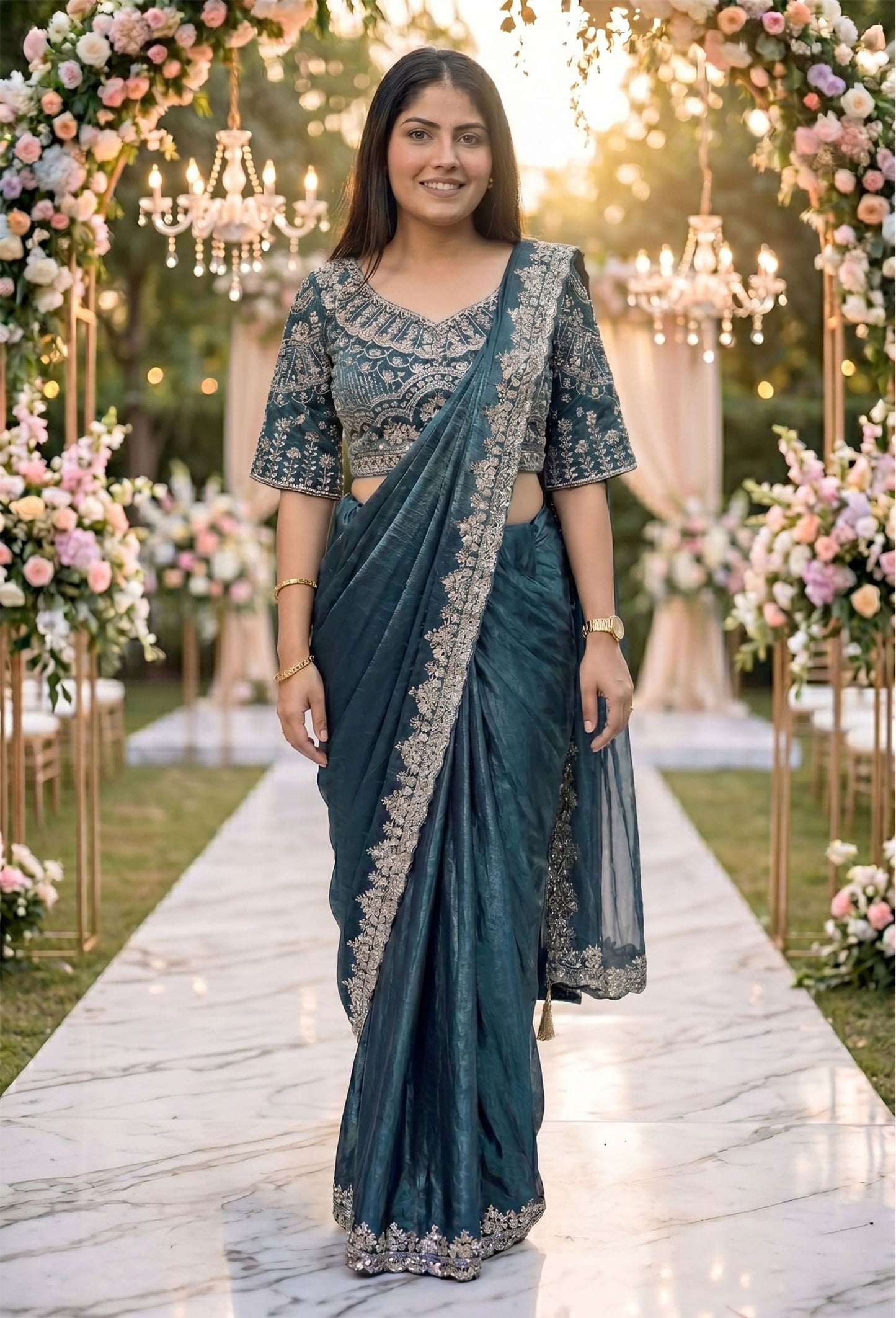 Readymade Organza Silk Drape Saree with Hand Embellishment Work