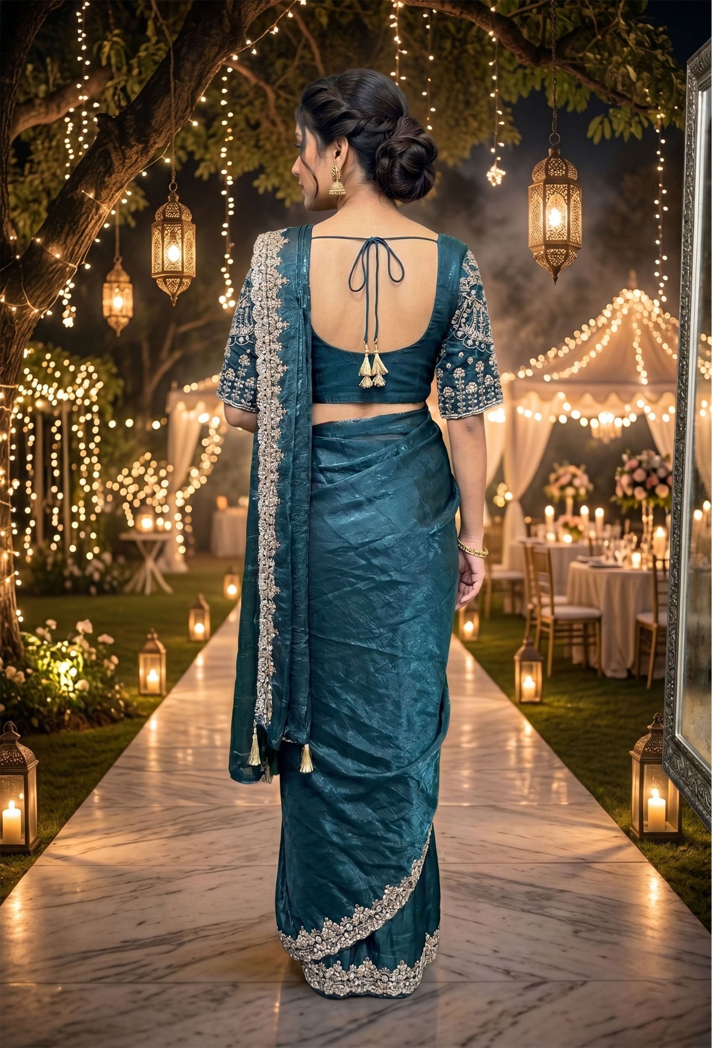 Readymade Organza Silk Drape Saree with Hand Embellishment Work