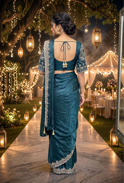 Readymade Organza Silk Drape Saree with Hand Embellishment Work