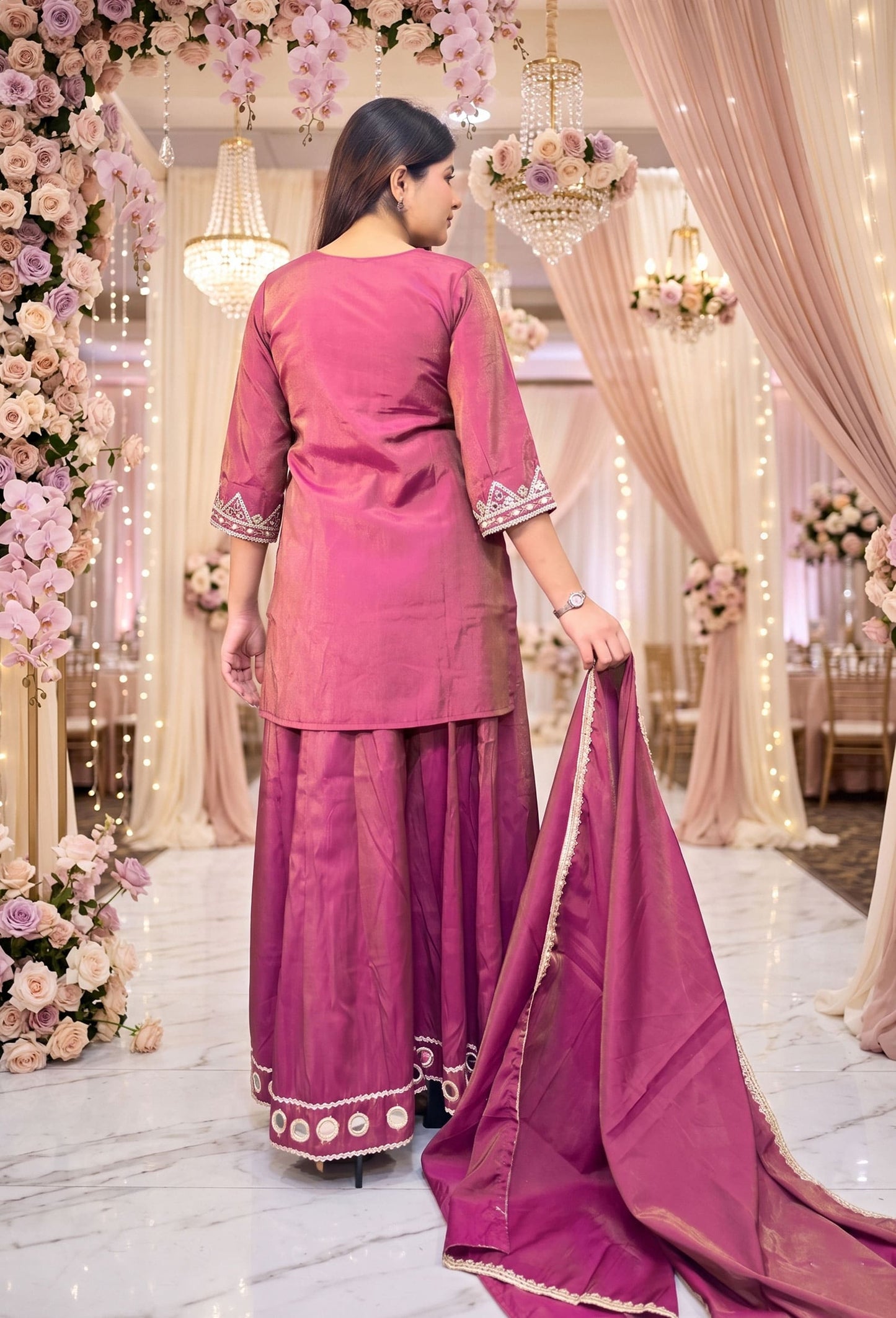 Tissue Silk Party Wear Mirror Work Palazzo Suit with Embroidered Bottom & Dupatta