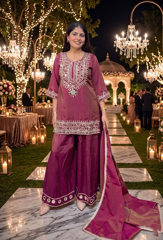 Tissue Silk Party Wear Mirror Work Palazzo Suit with Embroidered Bottom & Dupatta
