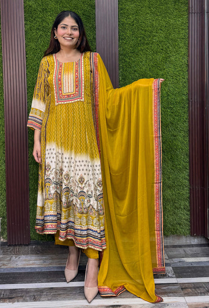 Designer Pure Crepe Digital printed Anarkali Suit With Chiffon Dupatta