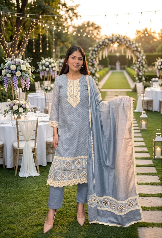 Summer Breeze Pakistani Cotton Dobby Suit With Crochet Detailing & Dupatta