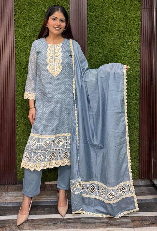 Summer Breeze Pakistani Cotton Dobby Suit With Crochet Detailing & Dupatta