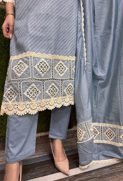Summer Breeze Pakistani Cotton Dobby Suit With Crochet Detailing & Dupatta