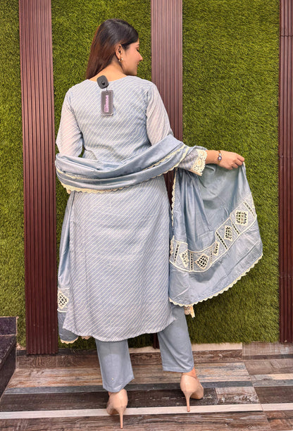 Summer Breeze Pakistani Cotton Dobby Suit With Crochet Detailing & Dupatta