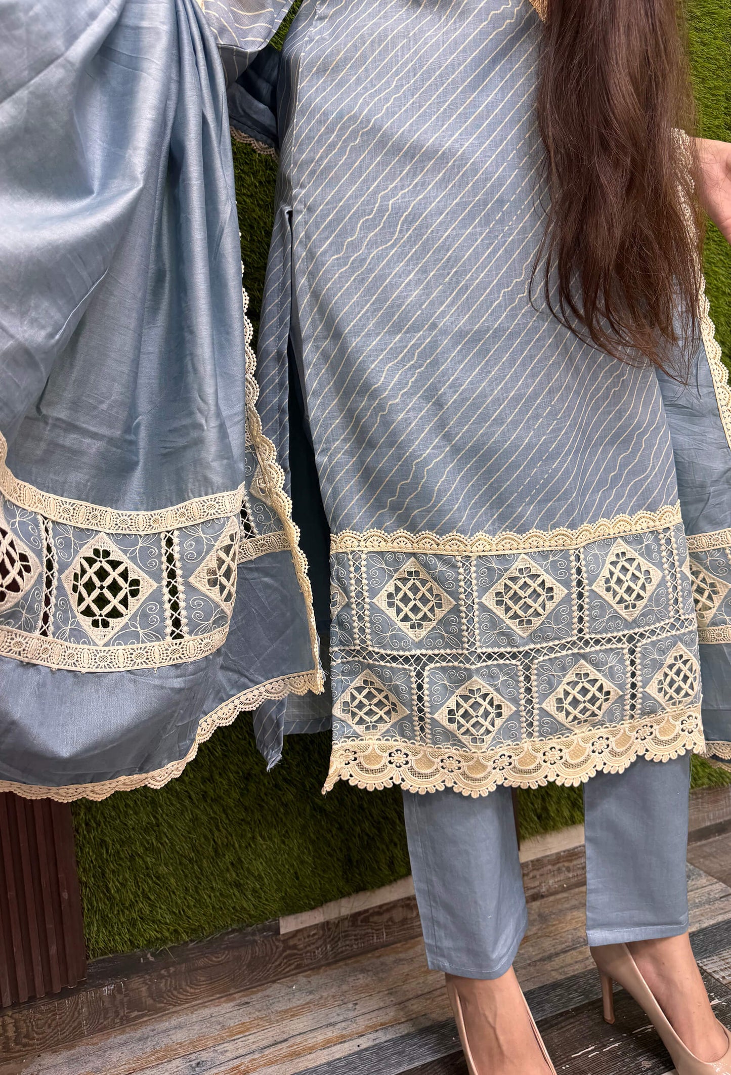 Summer Breeze Pakistani Cotton Dobby Suit With Crochet Detailing & Dupatta