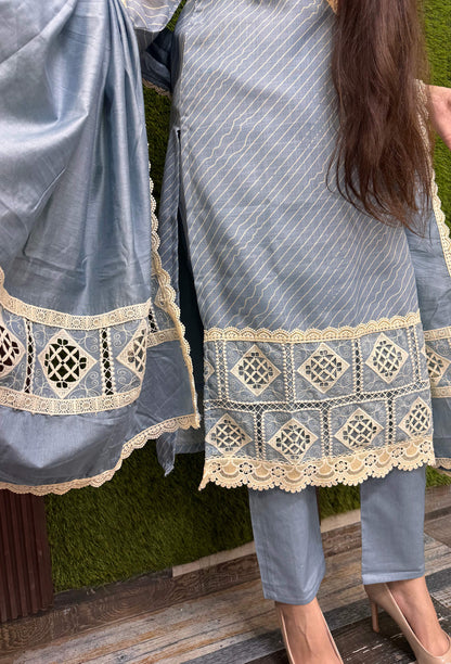 Summer Breeze Pakistani Cotton Dobby Suit With Crochet Detailing & Dupatta