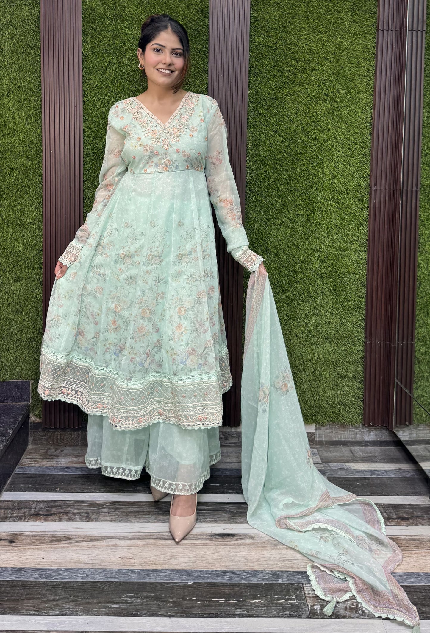 V-Neck Shimmer Tissue Anarkali Set with Churidar Sleeves