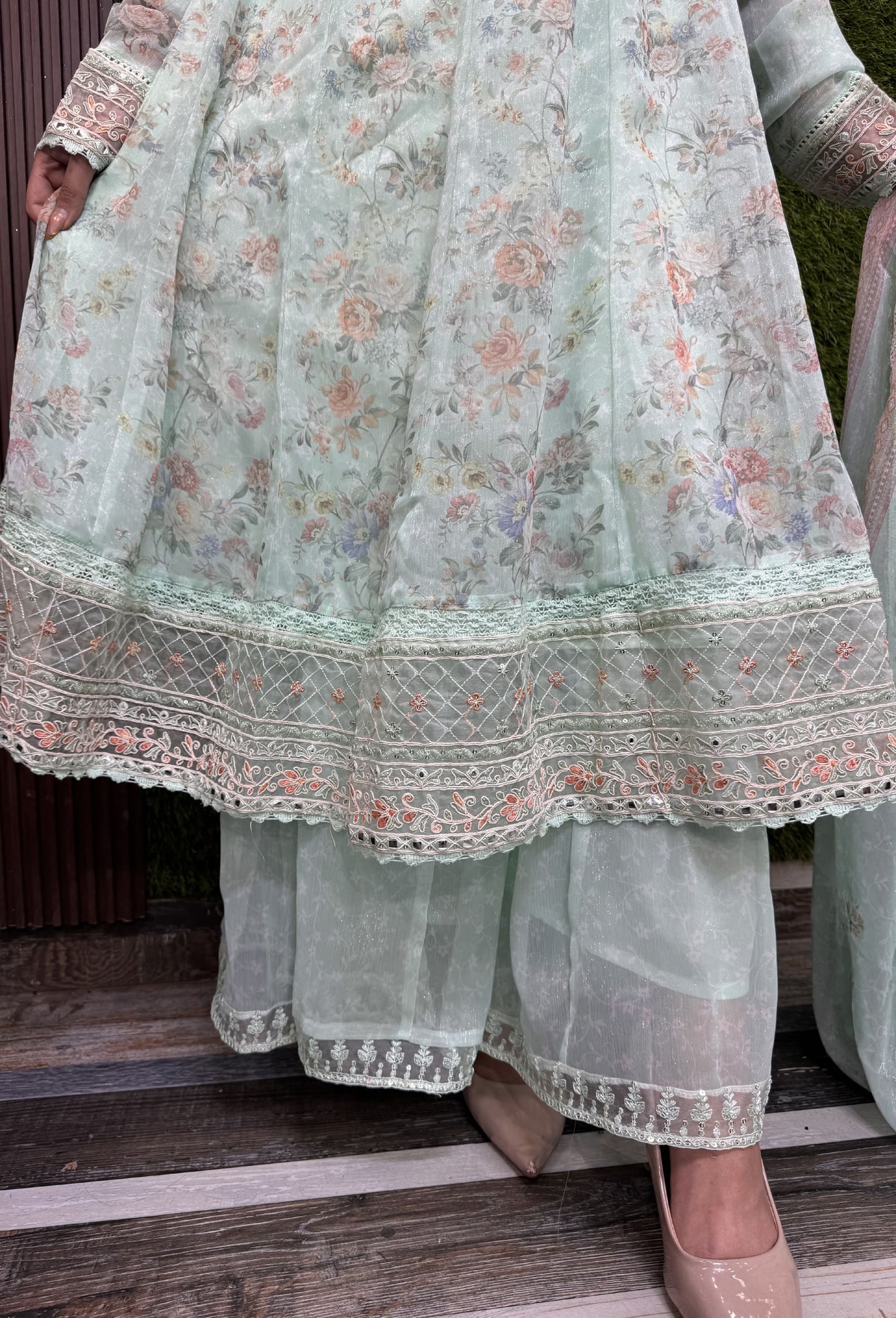 V-Neck Shimmer Tissue Anarkali Set with Churidar Sleeves