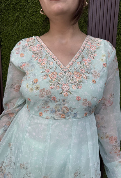V-Neck Shimmer Tissue Anarkali Set with Churidar Sleeves