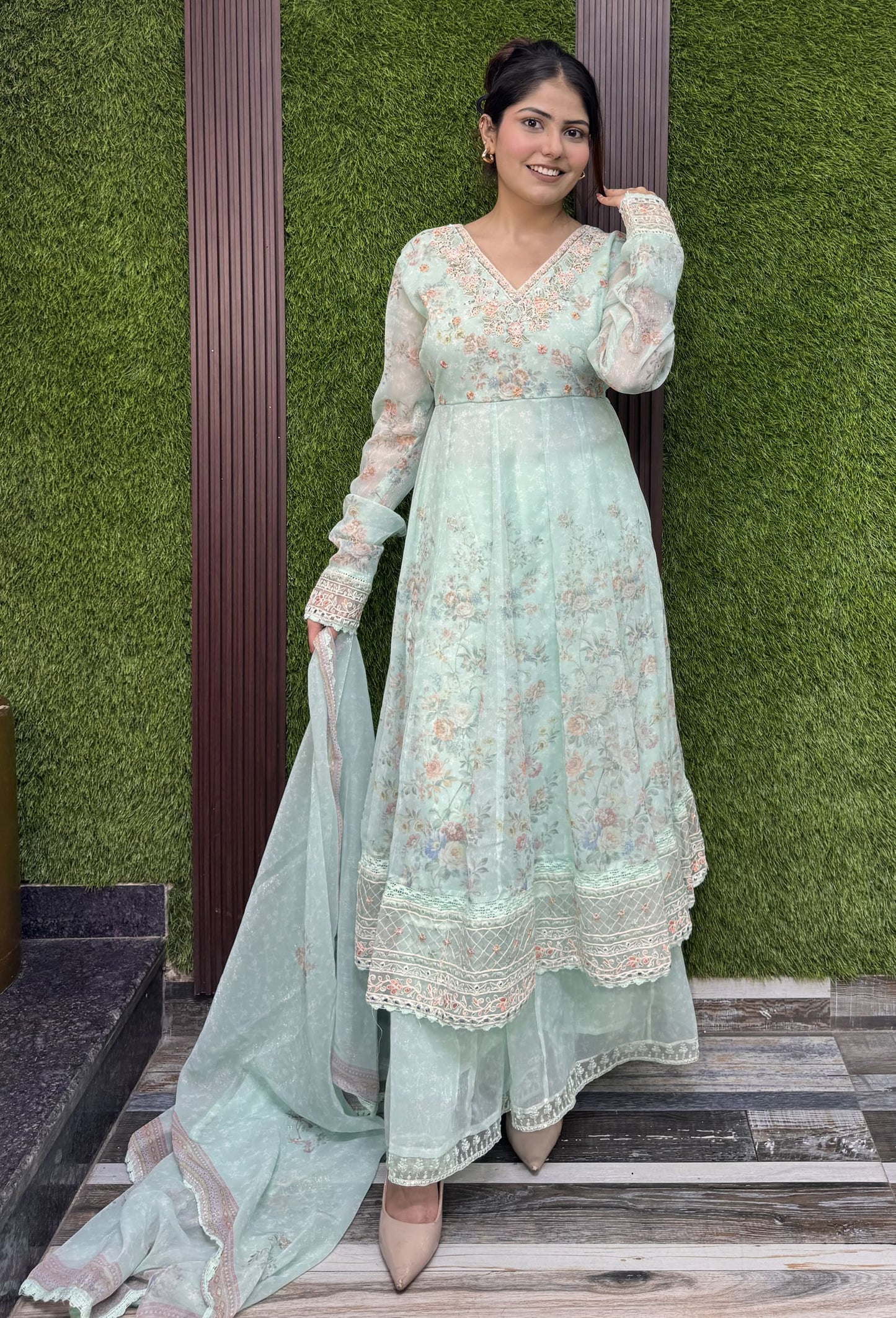 V-Neck Shimmer Tissue Anarkali Set with Churidar Sleeves