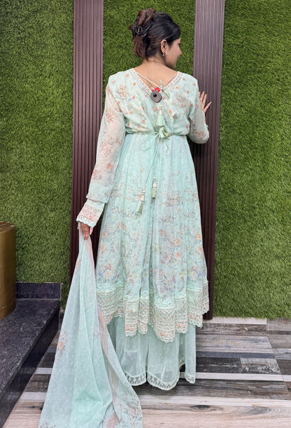 V-Neck Shimmer Tissue Anarkali Set with Churidar Sleeves