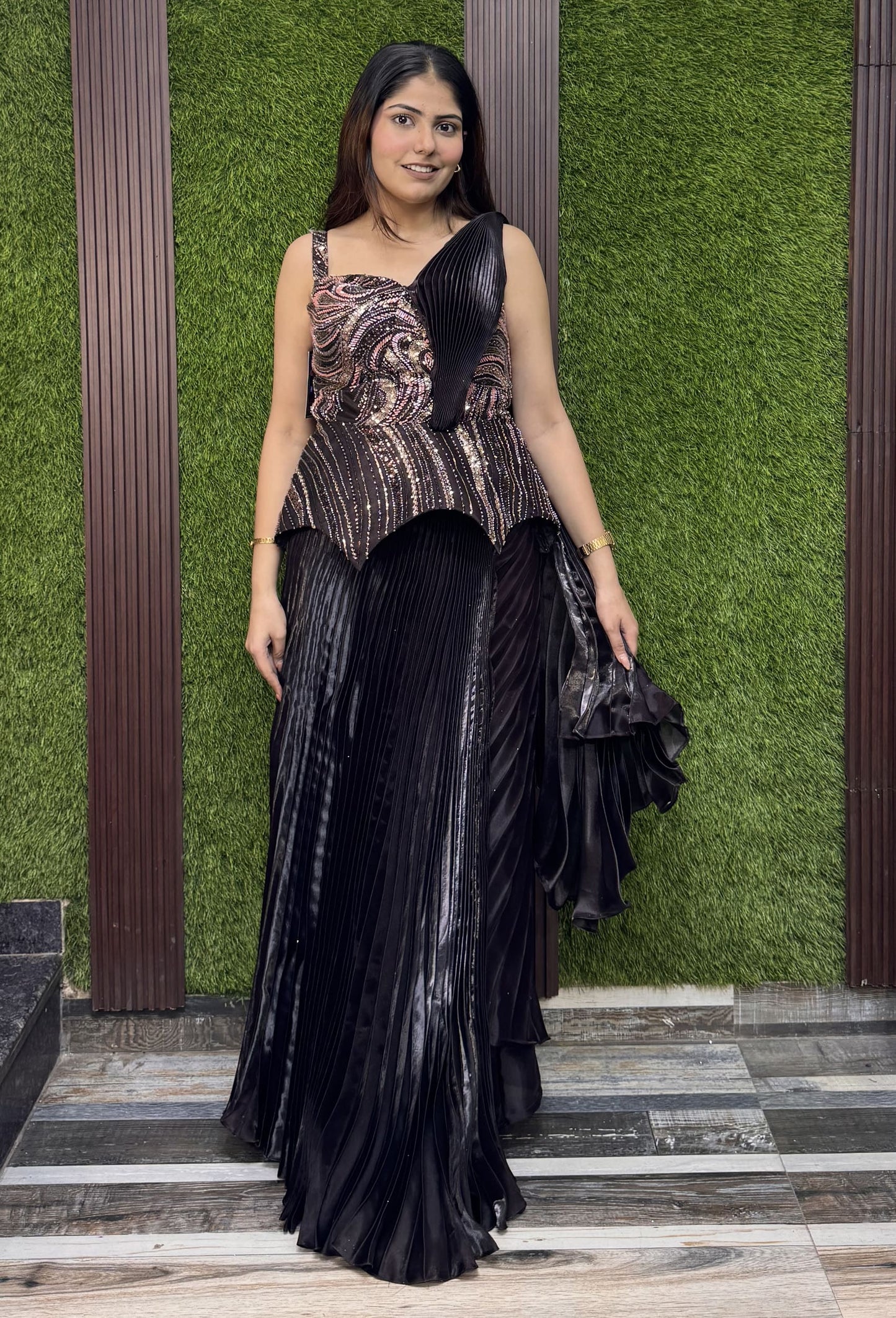 Spaghetti Hand Embellished Peplum Top with Ruffle Organza Skirt