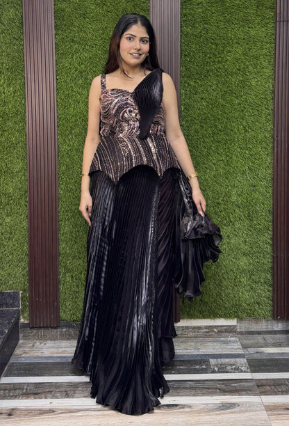 Spaghetti Hand Embellished Peplum Top with Ruffle Organza Skirt