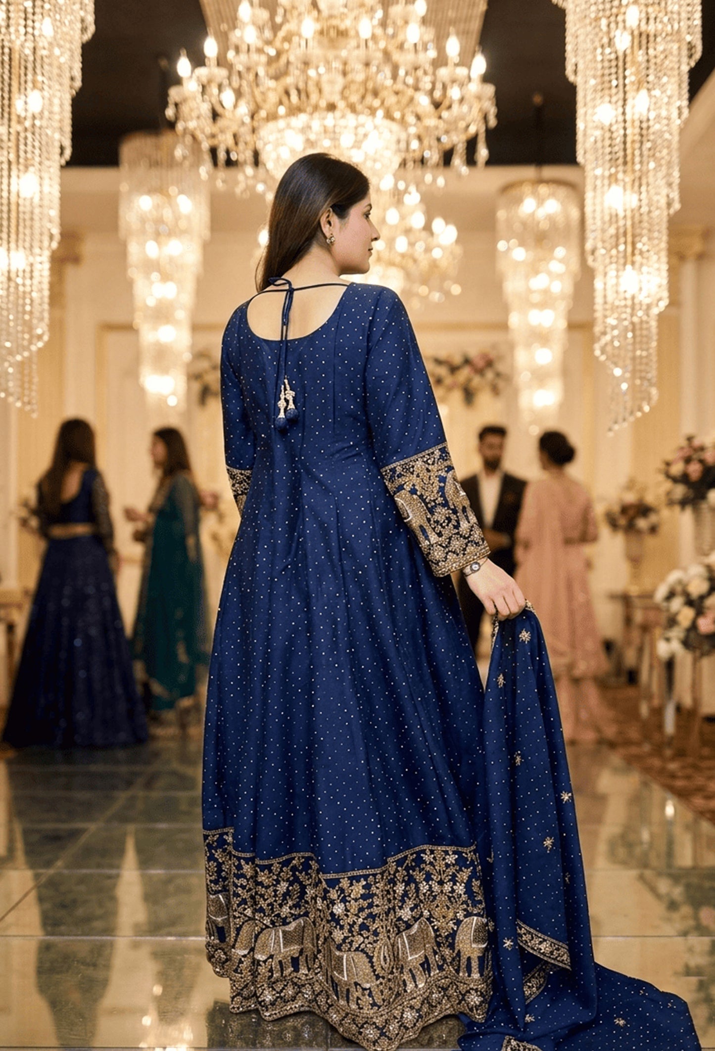 Heritage Style Full Sleeve Anarkali Silk with Paneled Motif Embroidery & Dupatta Set