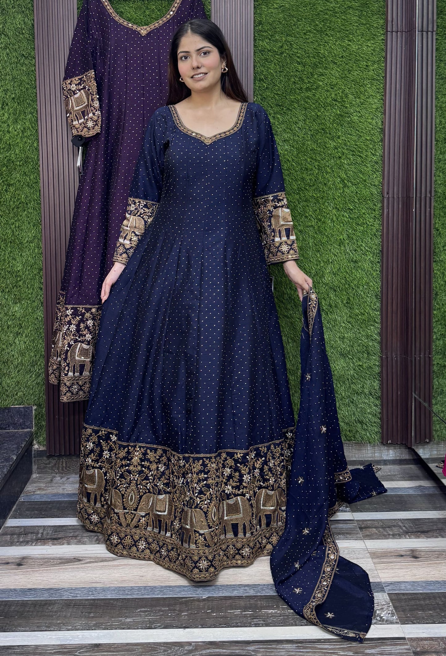 Heritage Style Full Sleeve Anarkali Silk with Paneled Motif Embroidery & Dupatta Set