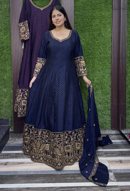 Heritage Style Full Sleeve Anarkali Silk with Paneled Motif Embroidery & Dupatta Set