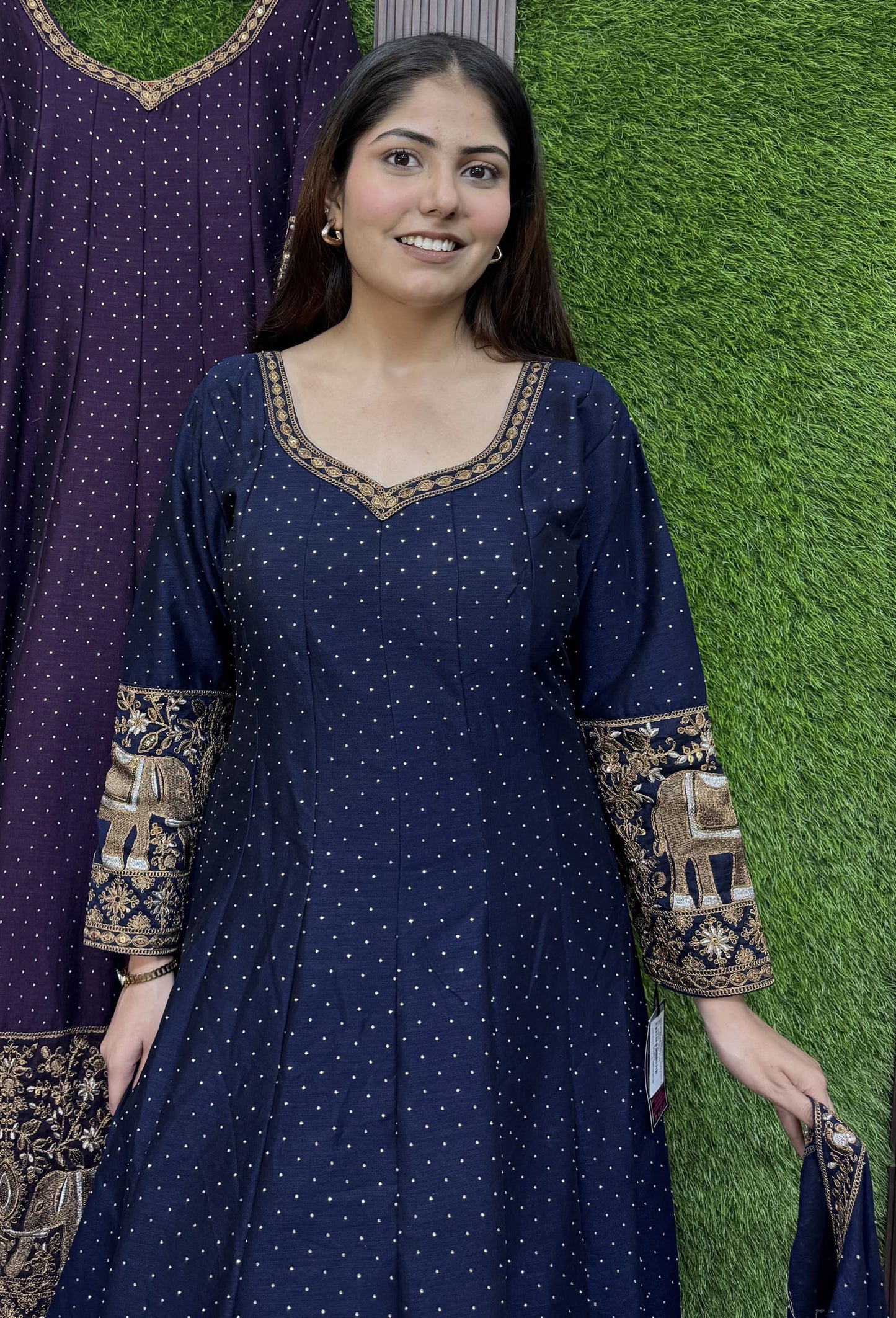 Heritage Style Full Sleeve Anarkali Silk with Paneled Motif Embroidery & Dupatta Set