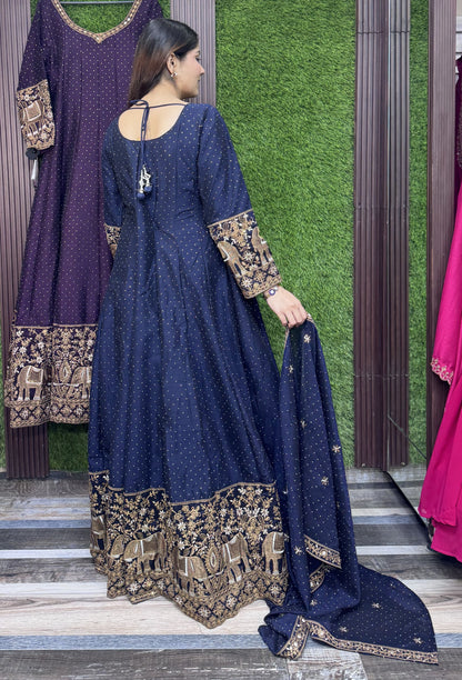Heritage Style Full Sleeve Anarkali Silk with Paneled Motif Embroidery & Dupatta Set