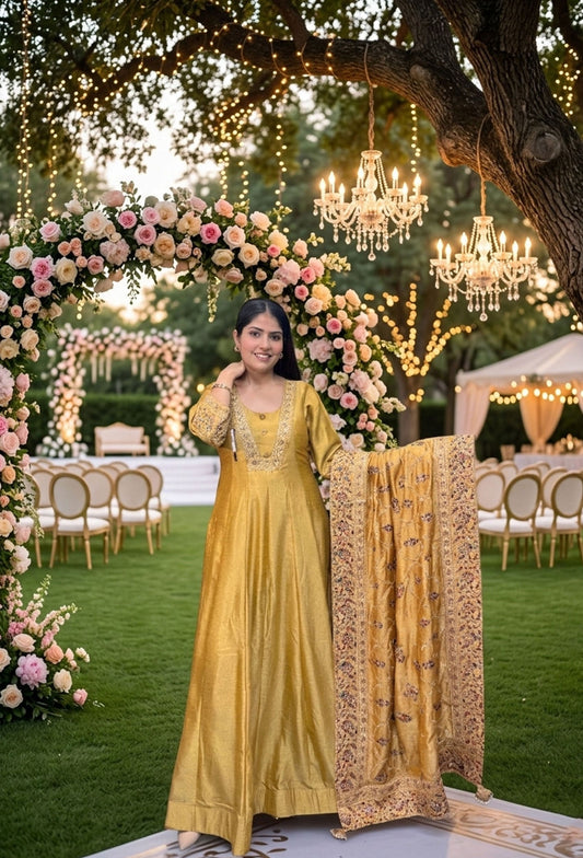 Silk Paneled V neck Design Anarkali With Fulkari Dupatta