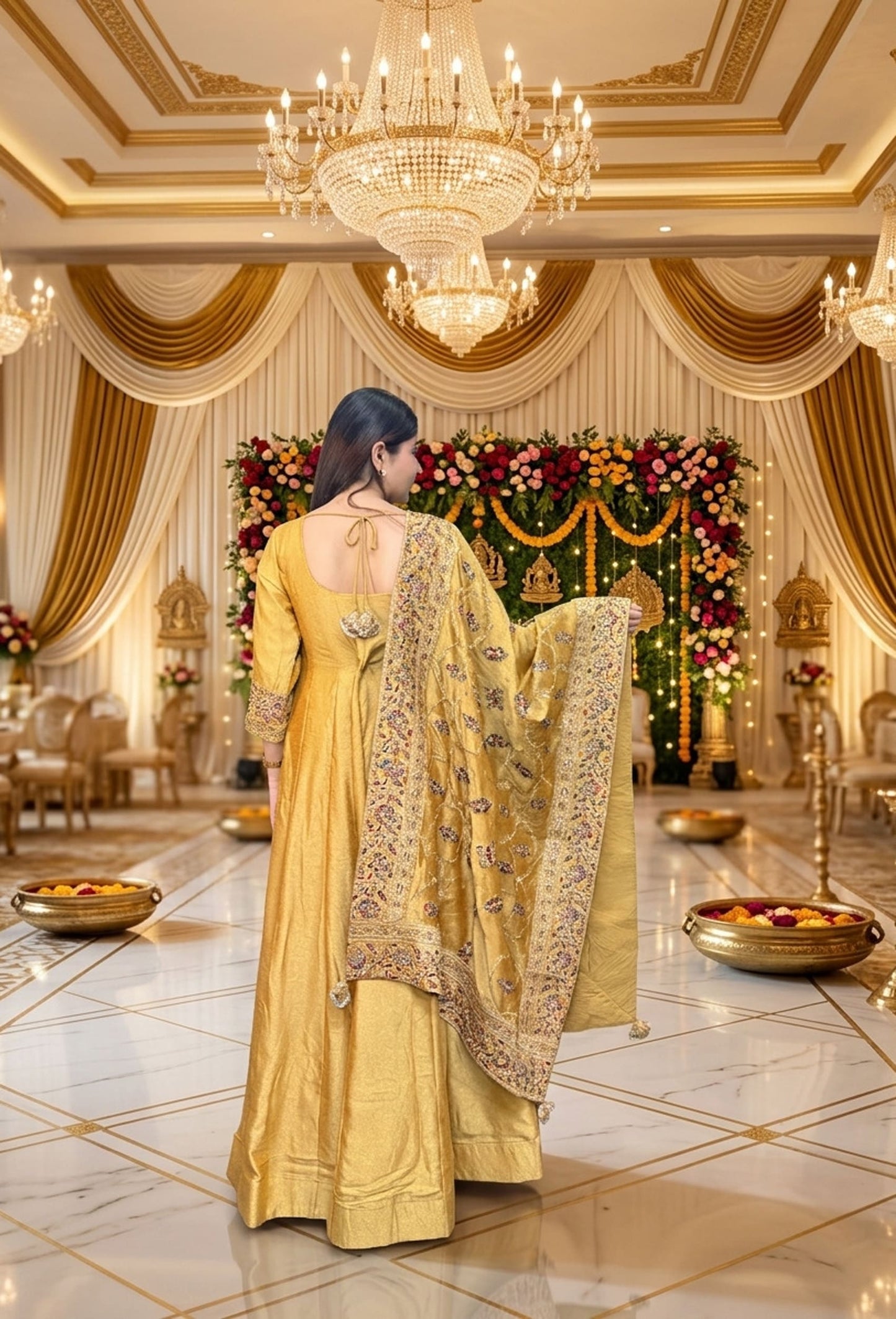 Silk Paneled V neck Design Anarkali With Fulkari Dupatta