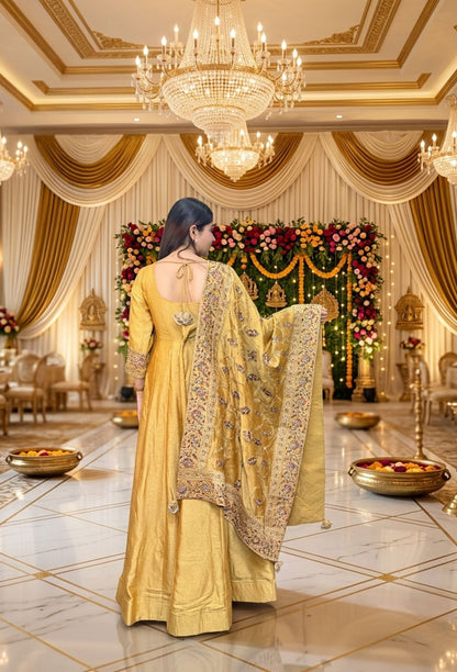 Silk Paneled V neck Design Anarkali With Fulkari Dupatta