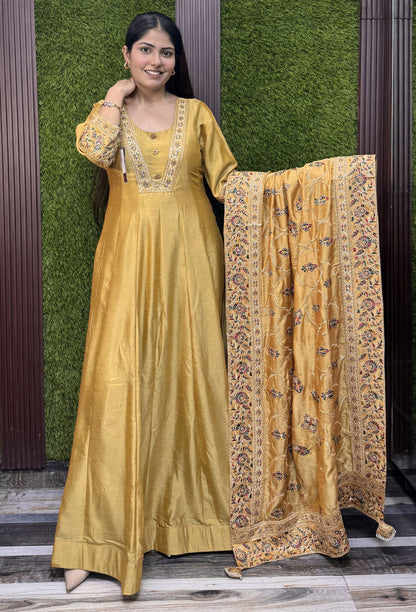 Silk Paneled V neck Design Anarkali With Fulkari Dupatta