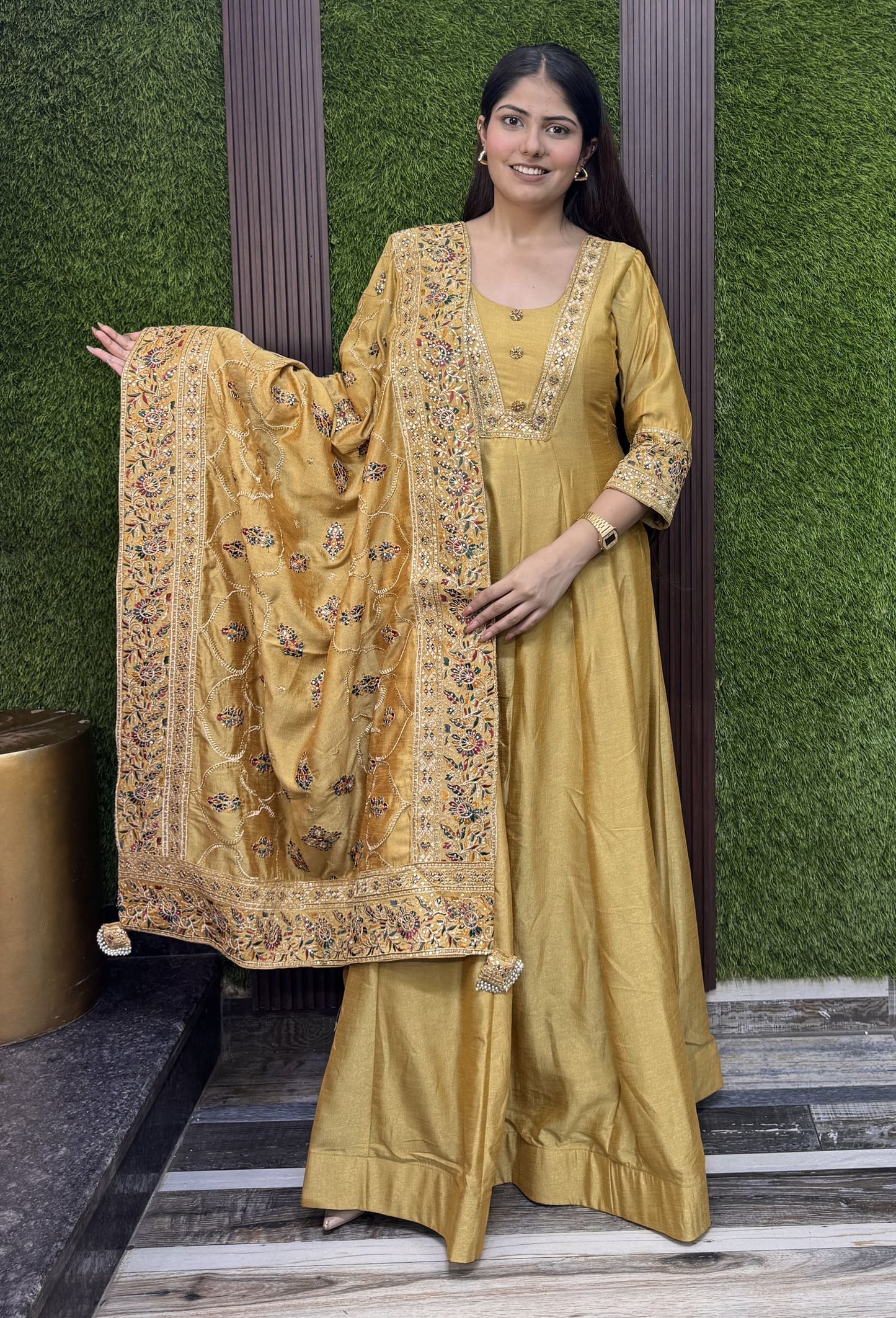Silk Paneled V neck Design Anarkali With Fulkari Dupatta