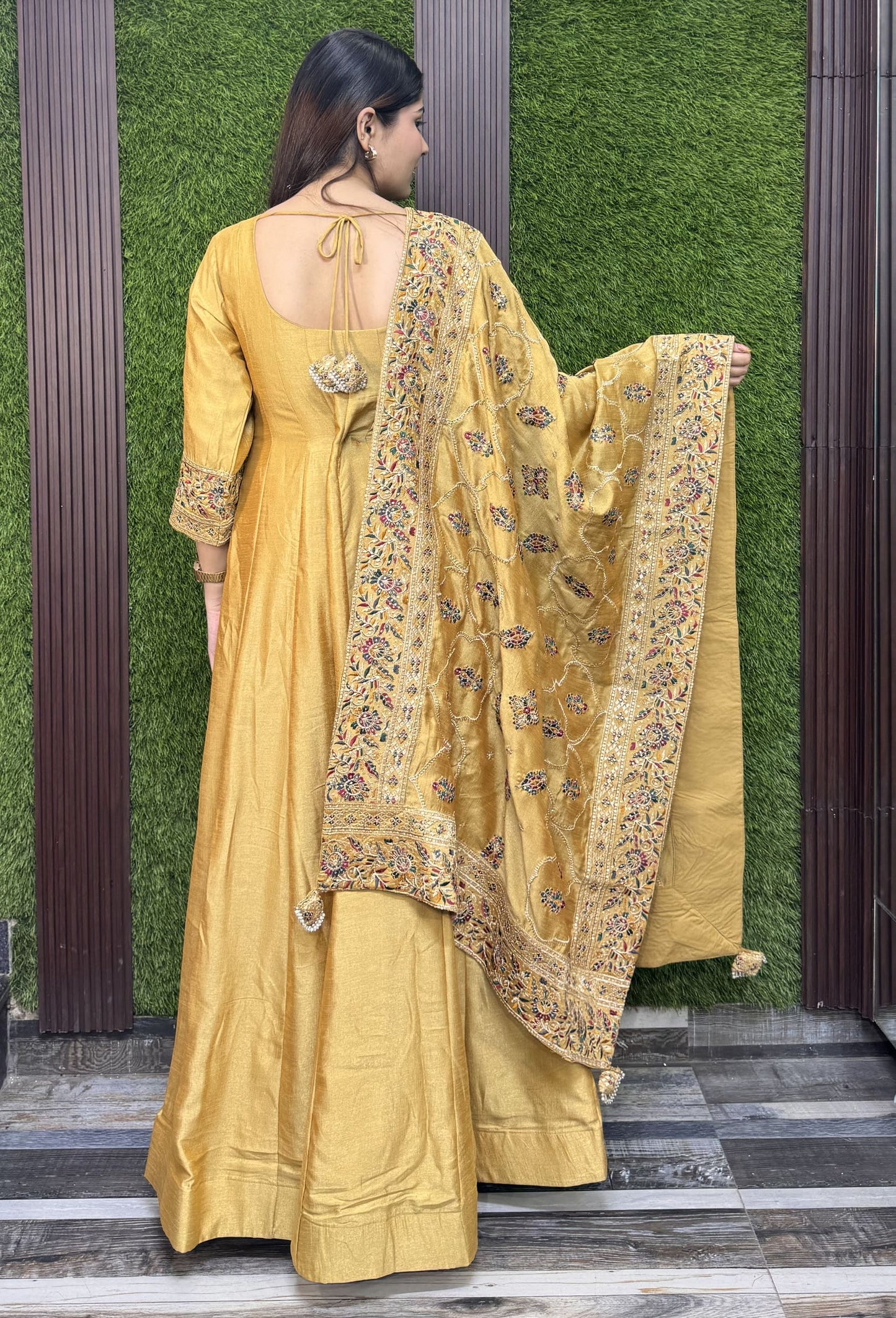 Silk Paneled V neck Design Anarkali With Fulkari Dupatta