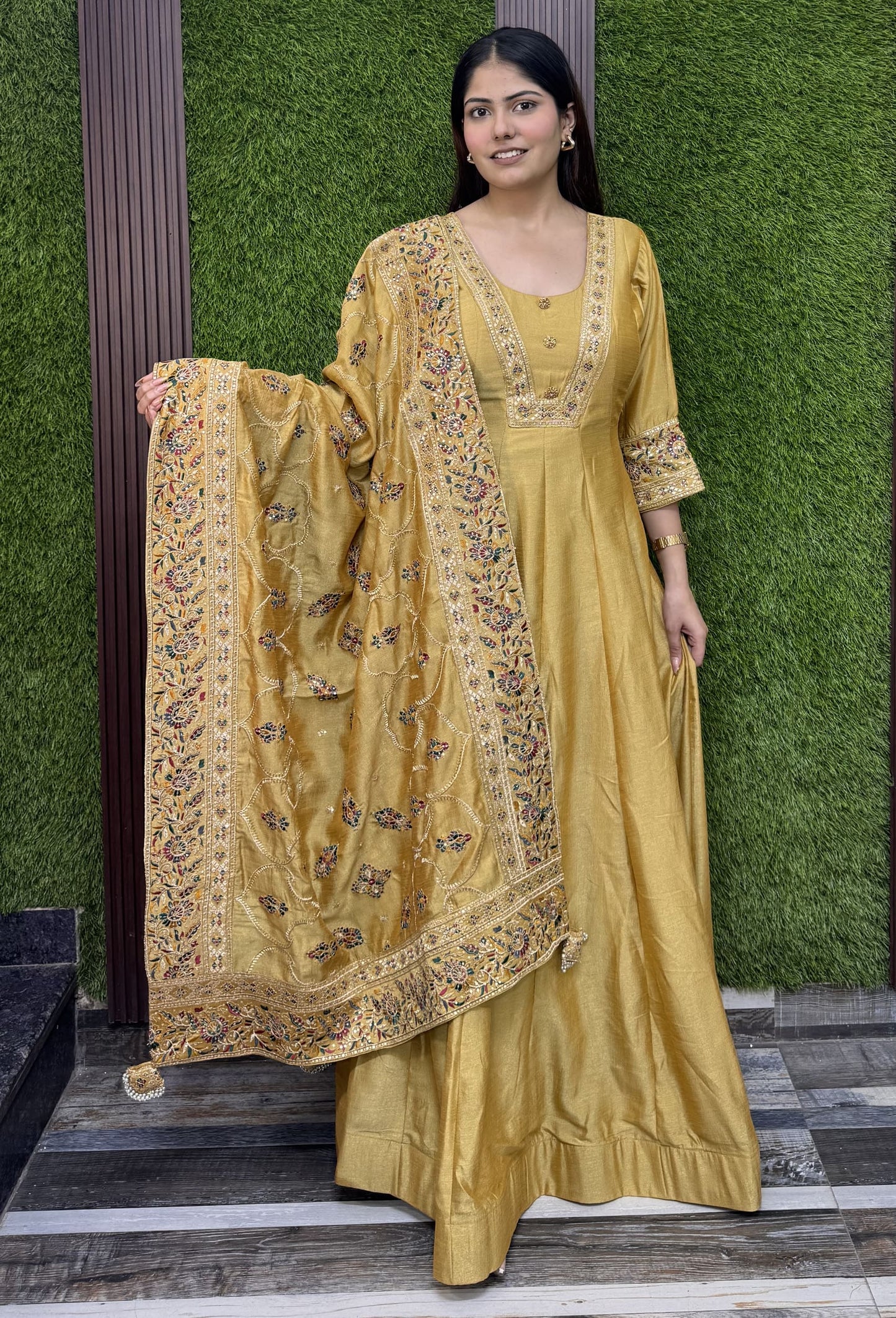 Silk Paneled V neck Design Anarkali With Fulkari Dupatta
