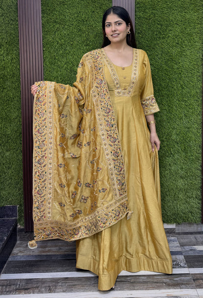 Silk Paneled V neck Design Anarkali With Fulkari Dupatta