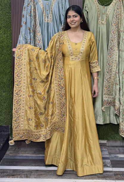 Silk Paneled V neck Design Anarkali With Fulkari Dupatta